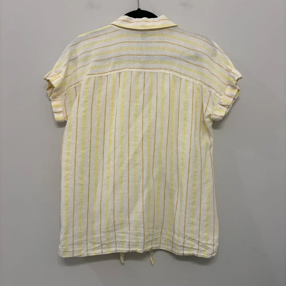 Ellen Tracy 100% Linen Striped Tie Front Button Up Short‎ Sleeve Shirt Women’s M - Picture 2 of 7